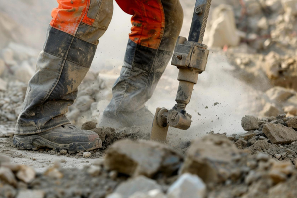 Individual wearing orange pants and work boots, using a hammer on a project.