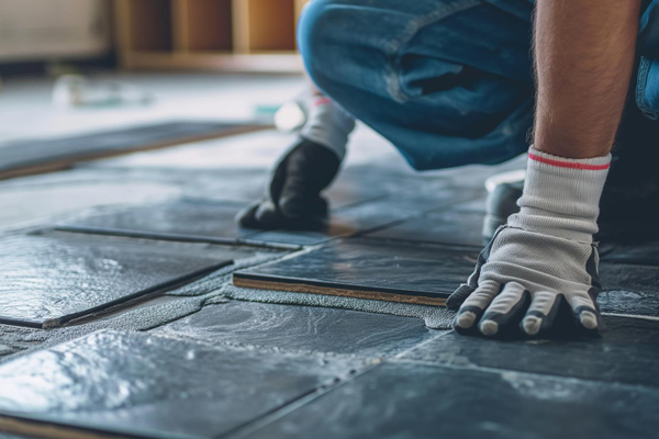 A man skillfully laying tiles on a floor, creating a neat and precise pattern.