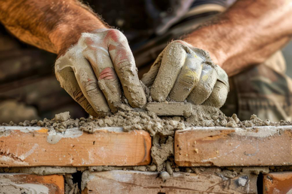 A man carefully placing bricks on a brick wall.