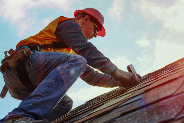 A worker wearing a hard hat and safety vest stands on a roof, ensuring safety measures are followed.