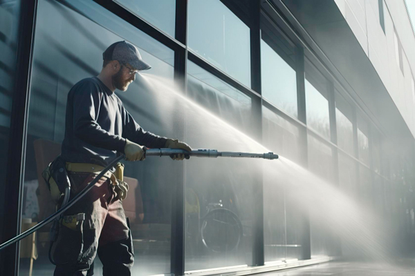 A man using a pressure washer to clean a car, spraying water forcefully to remove dirt and grime.